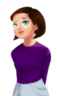 Vrouw met blauwe ogen, bruin haar, bril en paars t-shirt