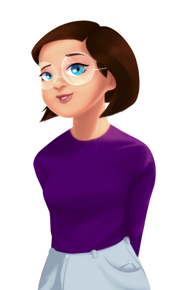 Vrouw met blauwe ogen, bruin haar, bril en paars t-shirt